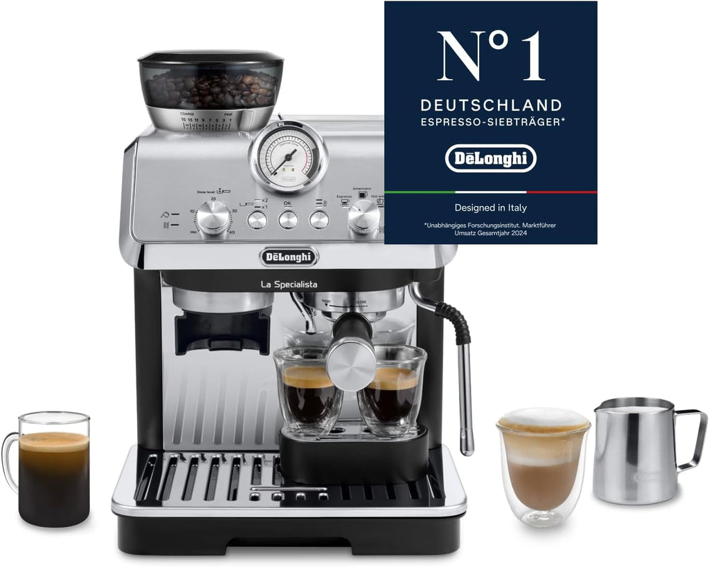 Máquina de café espresso De'Longhi La Specialista Arte EC9155.MB, cafetera con molinillo, 8 niveles de molienda, 15 bares, 3 temperaturas, boquilla para espuma de leche, 1550W, depósito de 1,7L, acero inoxidable/negro incluye kit de barista