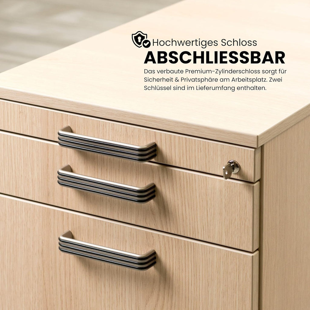 Contenedor con cajones bümö, archivador de madera bloqueable en arce: carrito para oficina como cajonera de escritorio, contenedor de oficina o archivador de escritorio con tiradores de barra