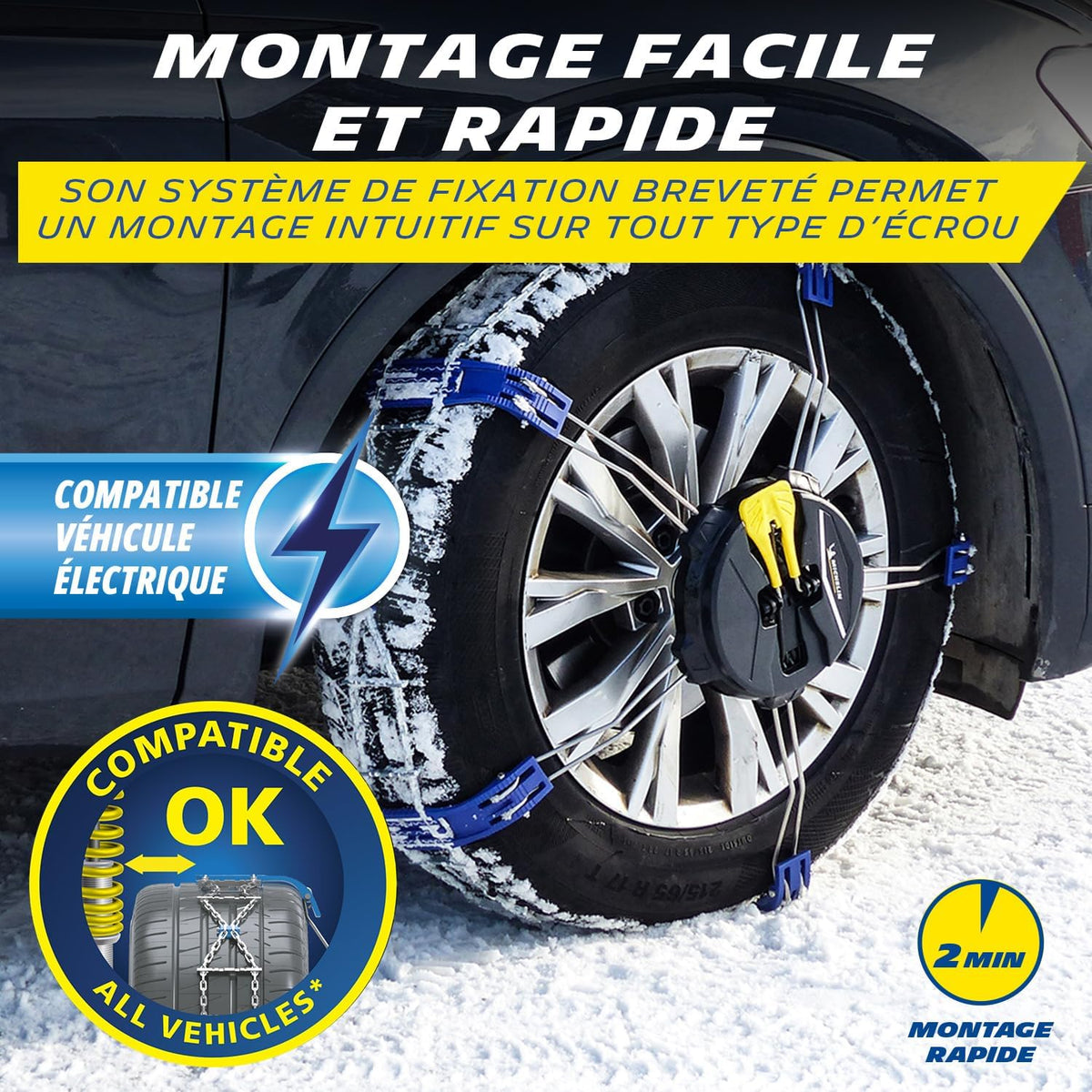 MICHELIN FAST GRIP Cadenas de nieve de montaje frontal n.º 90 - Vehículos no encadenables - Compatibles con sistemas ABS ESP - Tensión automática - Montaje en 2 minutos - Adherencia óptima en nieve y hielo