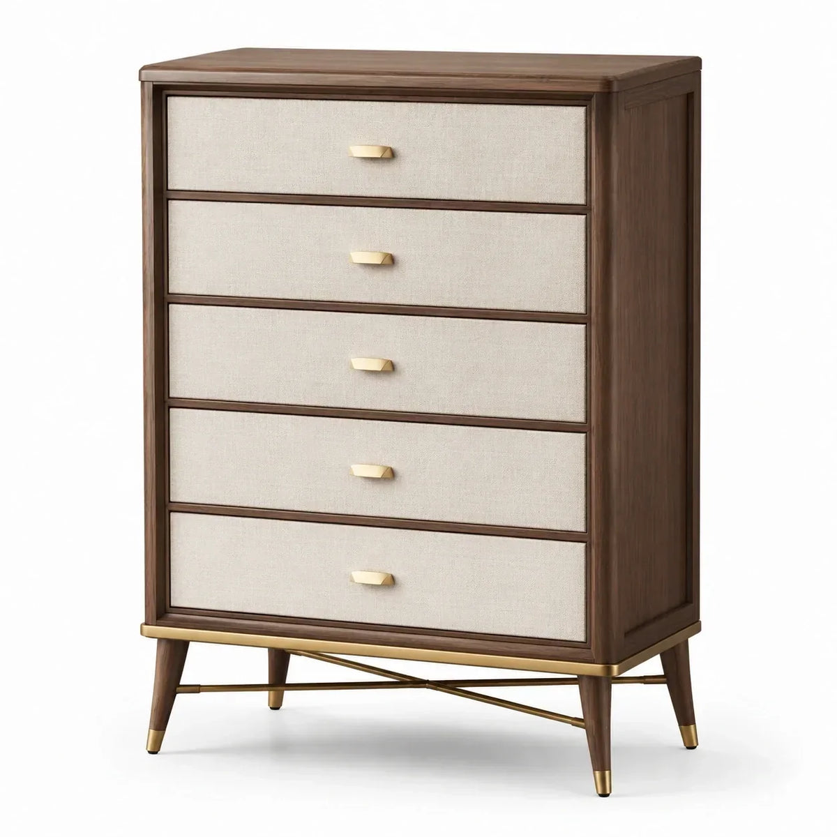Cómoda de madera de nogal y tela con 5 cajones, 120 cm de altura