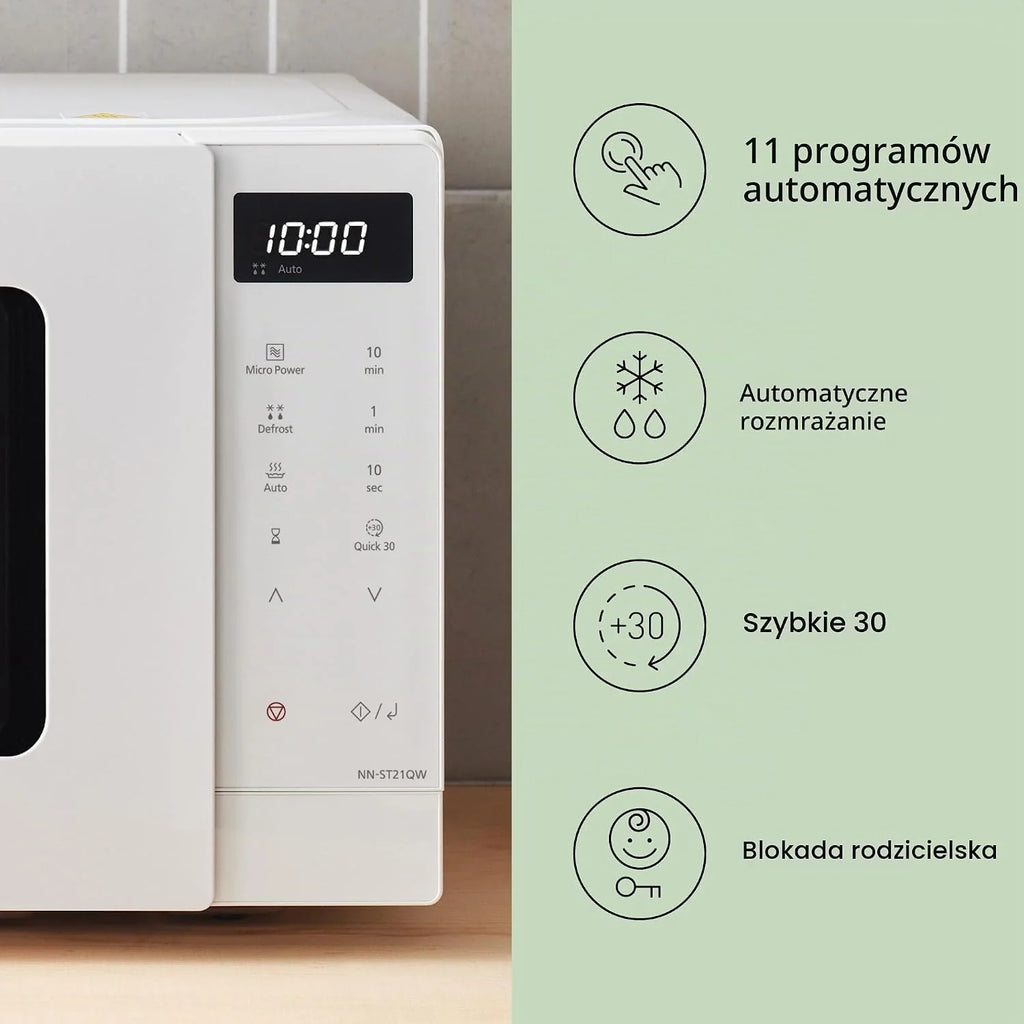 Panasonic NN-ST21QWEPG Tylko kuchenka mikrofalowa 20 l ze szklanym naczyniem, 800 W, automatyczne rozmrażanie, 11 programów automatycznych, wyświetlacz LED, 5 ustawień zasilania, cyfrowy timer, biały