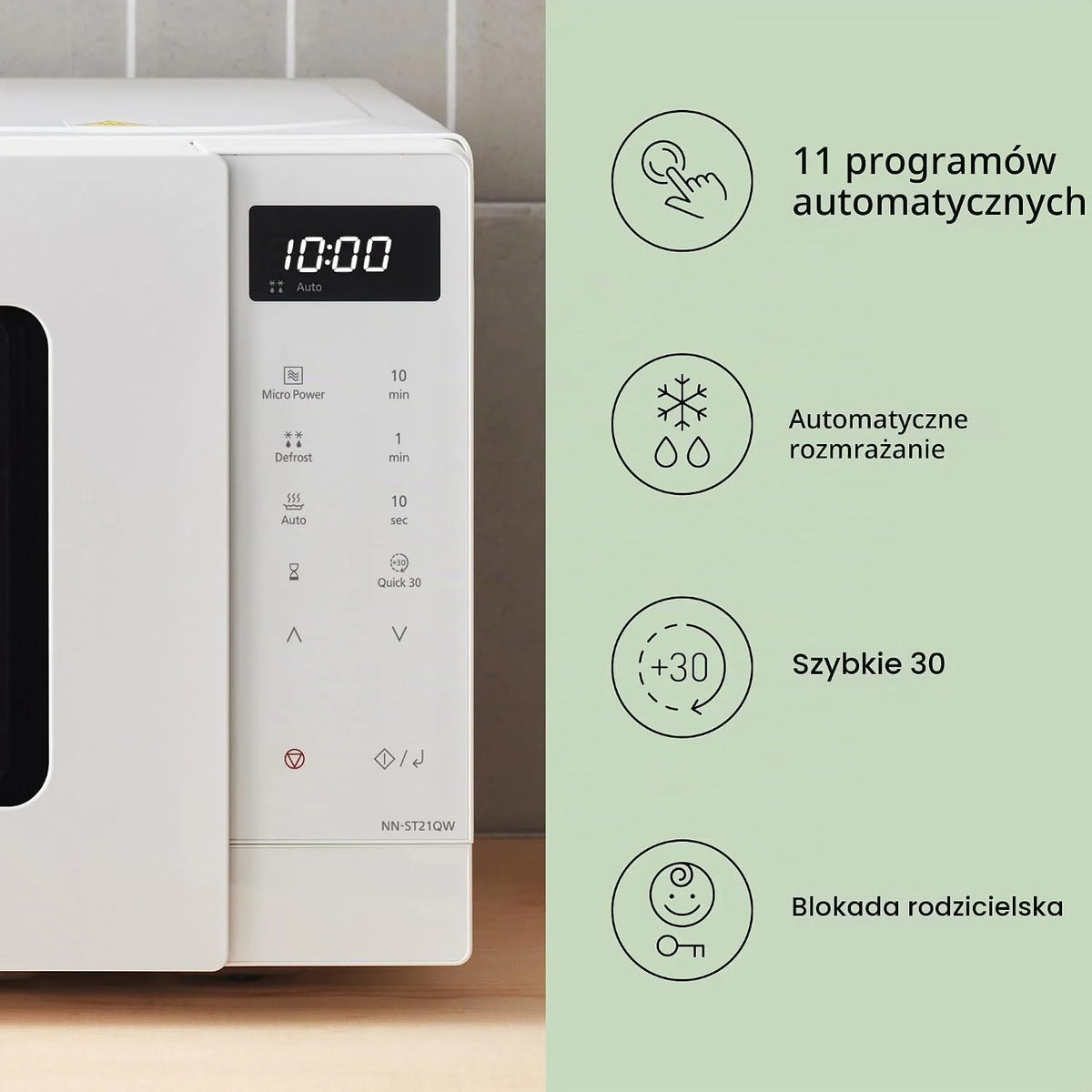 Panasonic NN-ST21QWEPG Tylko kuchenka mikrofalowa 20 l ze szklanym naczyniem, 800 W, automatyczne rozmrażanie, 11 programów automatycznych, wyświetlacz LED, 5 ustawień zasilania, cyfrowy timer, biały
