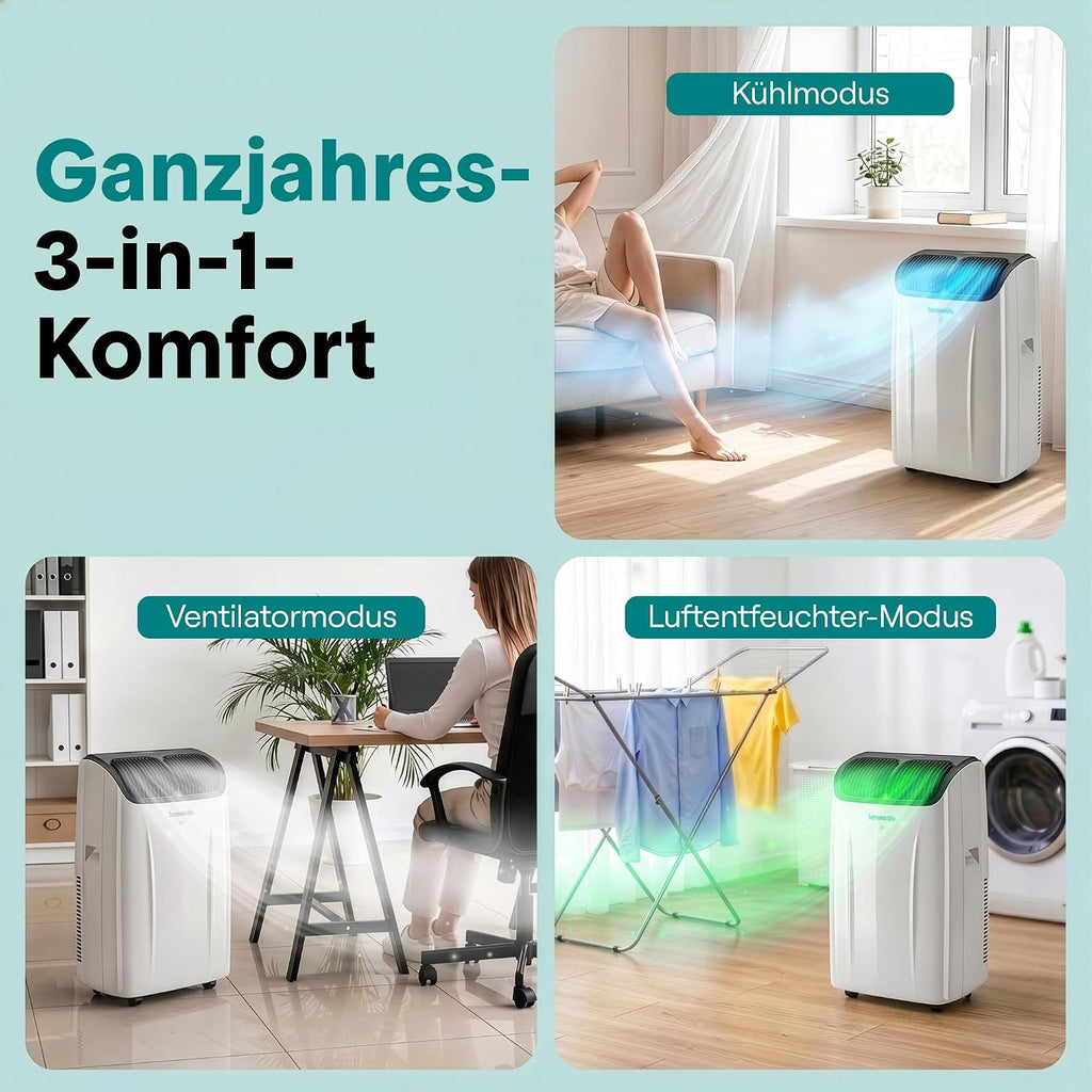 Aire acondicionado portátil SereneLife de 12.000 BTU con función de calefacción – Aire acondicionado compacto para habitaciones de hasta 32 m² | Refrigeración, calefacción, deshumidificador y ventilador | 48 dB | Gris