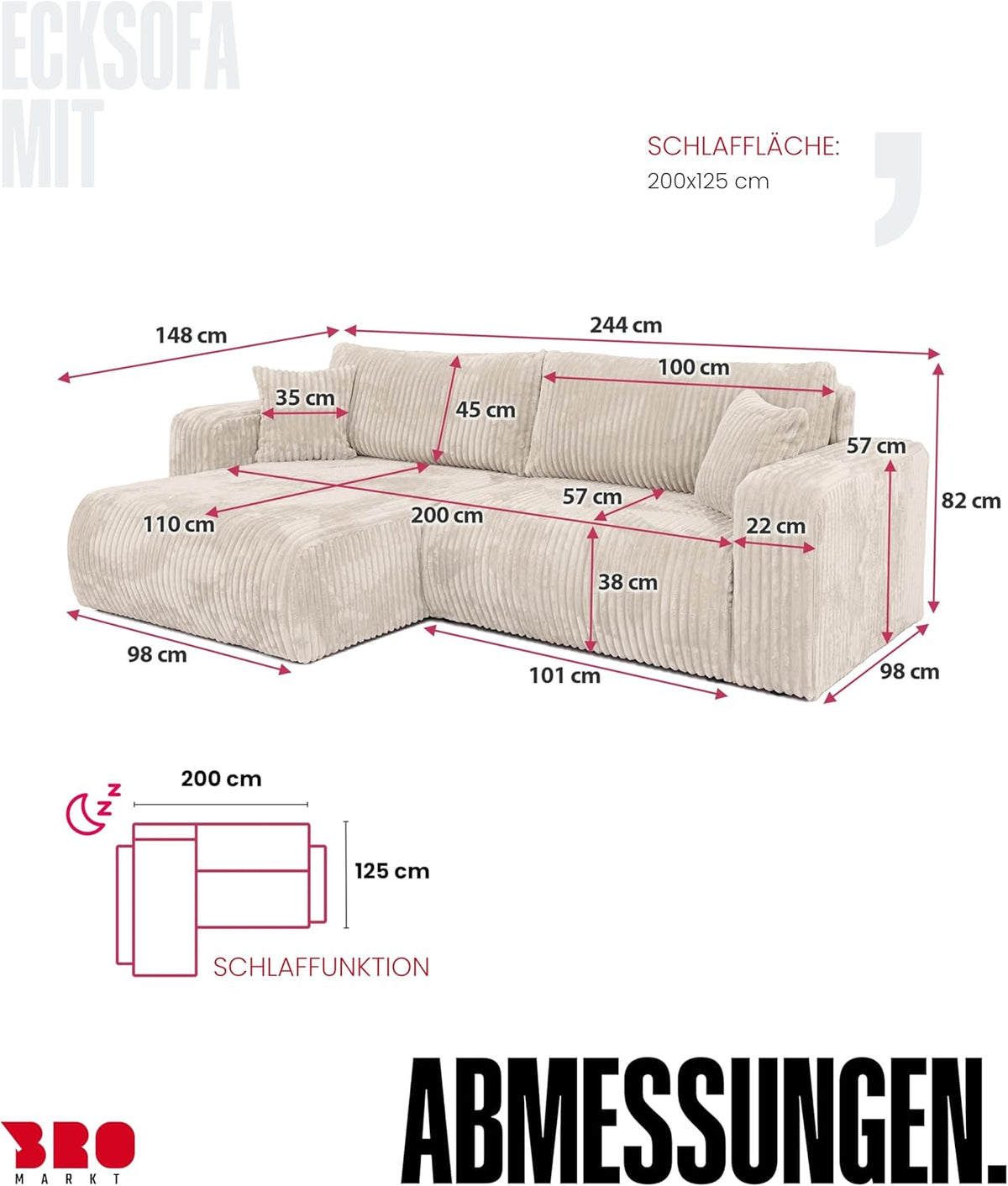 BROMARKT Sofá esquinero con función cama color crema, sofá en forma de L de tela de pana con arcón, sofá cama para salón con espacio de almacenamiento, sofá esquinero de 3 plazas, conjunto de salón 244x148x82 cm TILIO