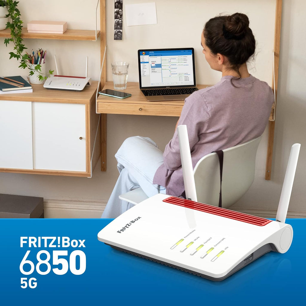 FRITZ!Box 6850 5G (Internet móvil de hasta 1300 Mbps, Wi-Fi AC+N de hasta 866 Mbps (5 GHz) y 400 Mbps (2,4 GHz), 4 x Gigabit LAN, estación base DECT, USB 3.0, apto para Alemania)