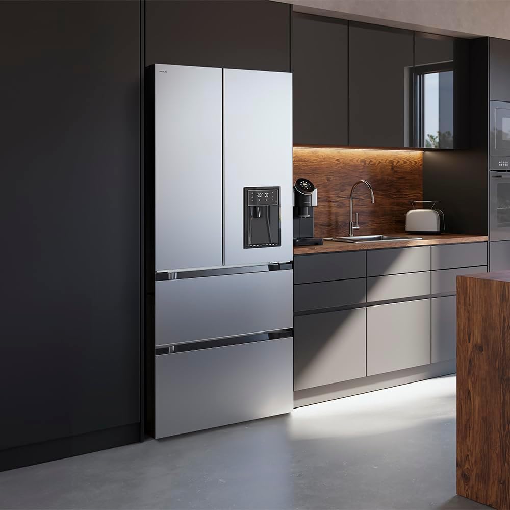 Frigorífico de doble puerta de acero inoxidable Cecotec con dispensador de agua de 510 L Bolero CoolMarket FD 510 WD Inox E. 183 cm de altura, 84 cm de ancho, motor Inverter Plus, Total NoFrost