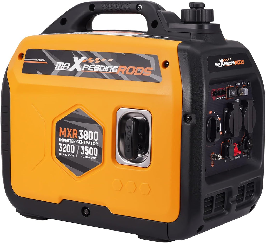 Generador inverter maXpeedingrods 3500W, super silencioso, ligero y portátil, generador de gasolina de emergencia, modo ECO con 2 enchufes de 230V / 2 USB / 1 de 12V CC para autocaravanas, camping, festivales y viajes