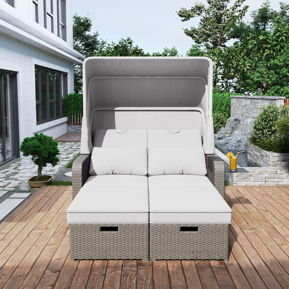 Sofá lounge de poliratán, sofá de jardín de dos plazas con función reclinable, tumbona de jardín con toldo extraíble, sofá lounge tipo cama de día con cojines, caqui