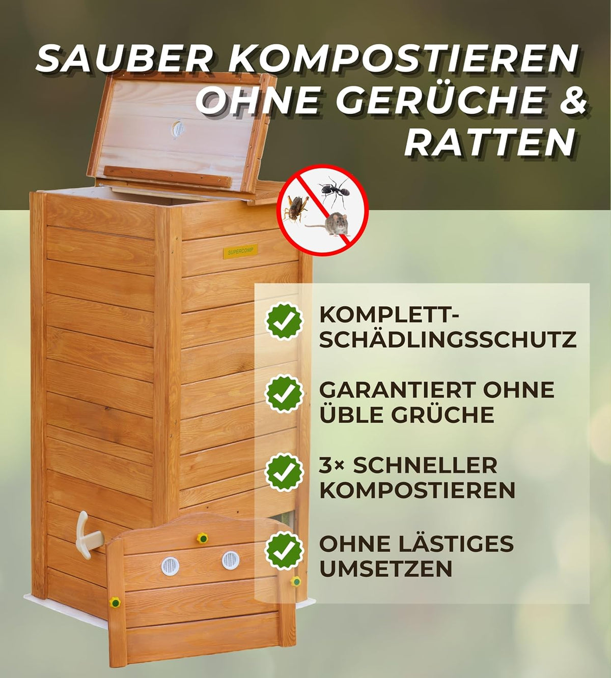 Compostador de madera a prueba de ratas con tapa, protección contra plagas, rejilla de ventilación y base, técnica deslizante para compostaje sin malos olores, sin necesidad de volteo, 340 L