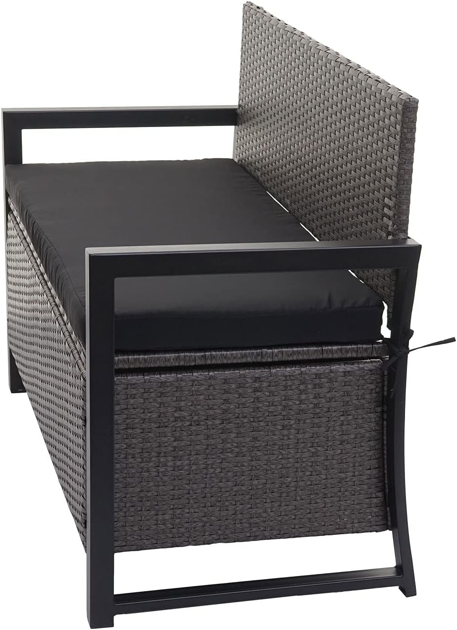 Banco de jardín Mendler Poly-Rattan 2 plazas HWC-F39AM, banco arcón, compartimento de almacenamiento con cojín - gris, cojines negros