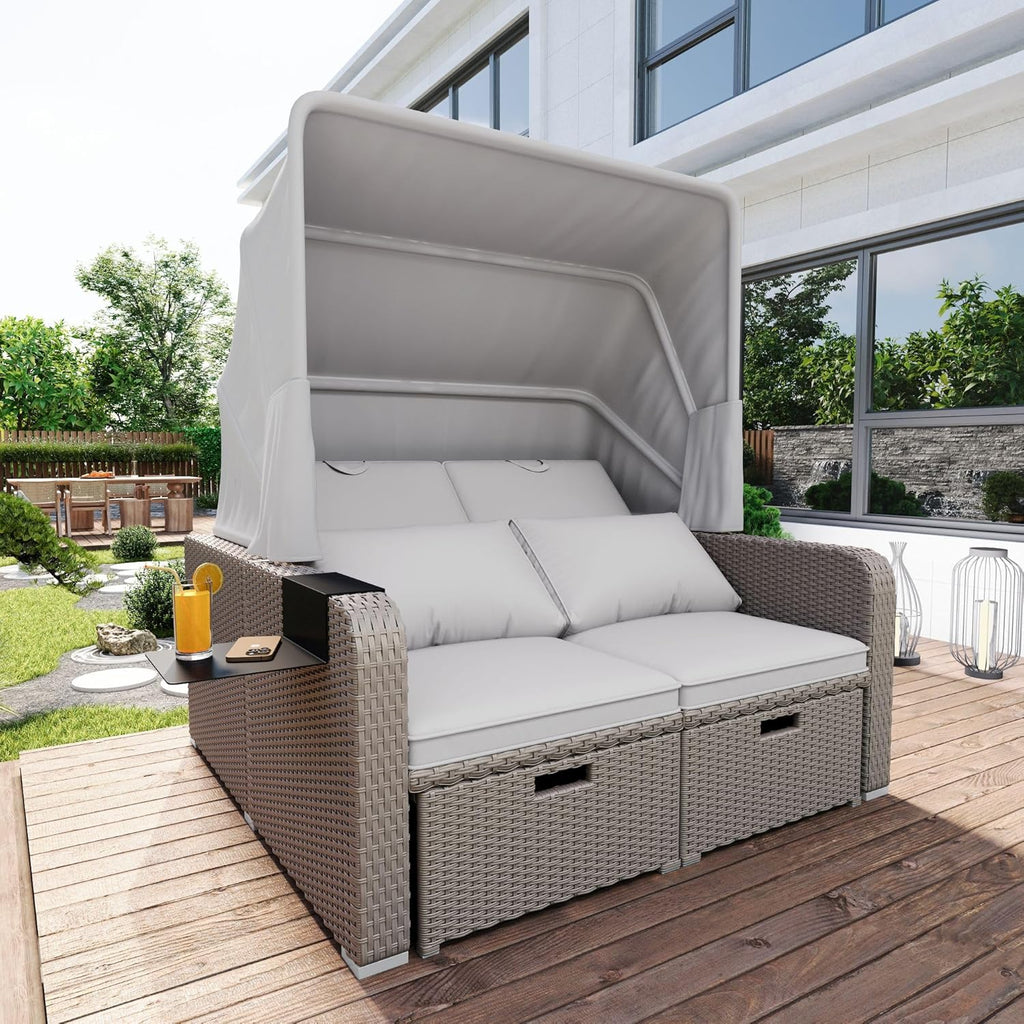 Sofá lounge de poliratán, sofá de jardín de dos plazas con función reclinable, tumbona de jardín con toldo extraíble, sofá lounge tipo cama de día con cojines, caqui