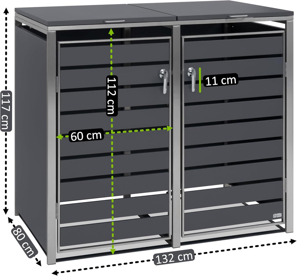 Zelsius - Cubo para 2 cubos de basura de acero inoxidable | (An) 132 x (P) 80 x (Al) 117 cm | Antracita RAL7016 | incl. posibilidad de ampliación | Revestimiento para cubos de basura, caja de basura para jardín, caseta para cubos de basura