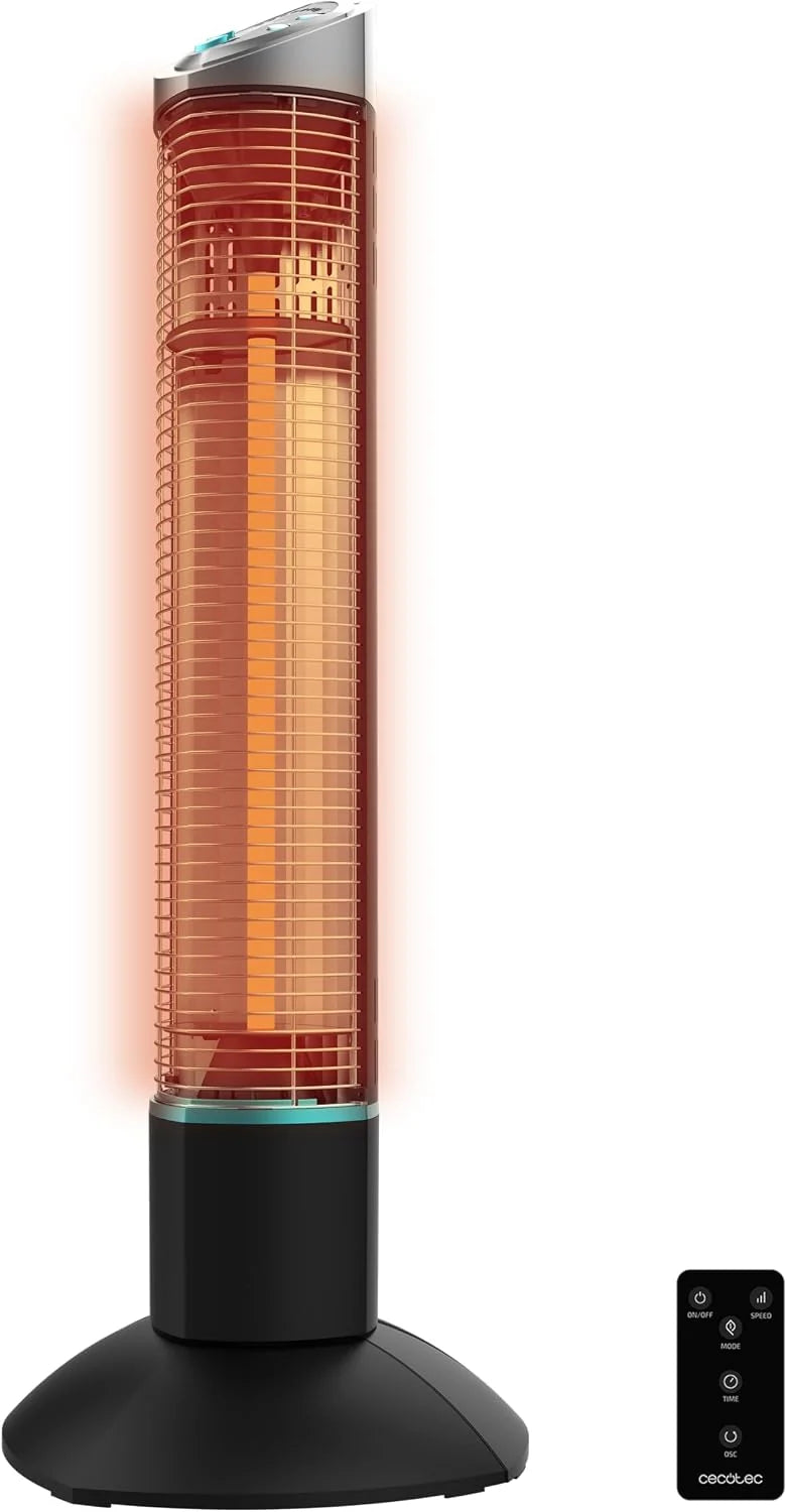 Cecotec Zewnętrzny grzejnik elektryczny Wieża ReadyWarm 1000 Power Tower. 1000 W na 2 poziomach, Technologia Halogen, Oscylacja, Ochrona IP55, Timer i pilot zdalnego sterowania