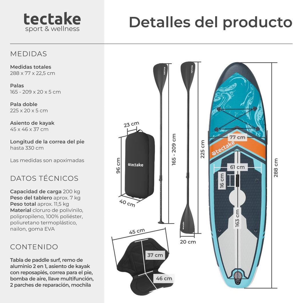 tectake® Tabla de Stand Up Paddle Hinchable, incluye remo 2 en 1, asiento de kayak, bomba de aire, mochila de transporte, Stand Up Paddle, accesorios para paddle surf, tabla hinchable