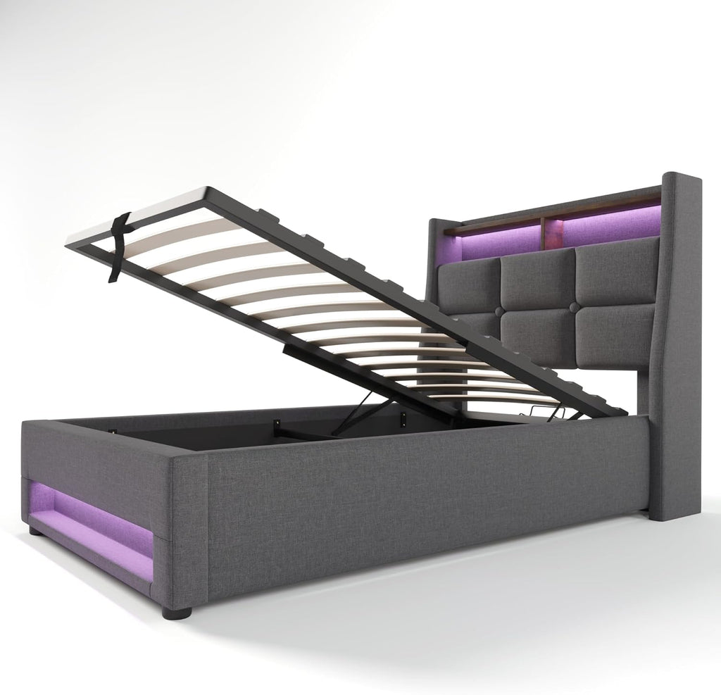 Cama tapizada Kayan 90x200cm, cama individual con almacenamiento y somier, cabecero LED con función de carga USB, cama con almacenamiento, cama funcional, respaldo, estructura de cama, lino (Gris, 90x200cm)
