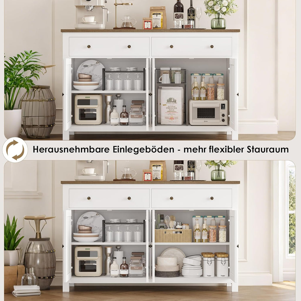 Aparador FirFurd de 140 cm de ancho, armario de cocina con encimera, alacena con 2 cajones y 4 puertas, mueble buffet de cocina con estante ajustable, aparador para cocina, salón y comedor, blanco, 140x89x40 cm