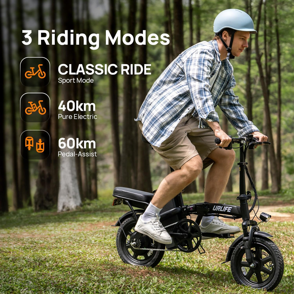 Bicicleta eléctrica plegable URLIFE de 14", batería intercambiable de 48V 7.5Ah para una larga autonomía de hasta 60KM, motor de 250W, 3 modos de conducción, altura del asiento ajustable, pedelec plegable para hombre y mujer