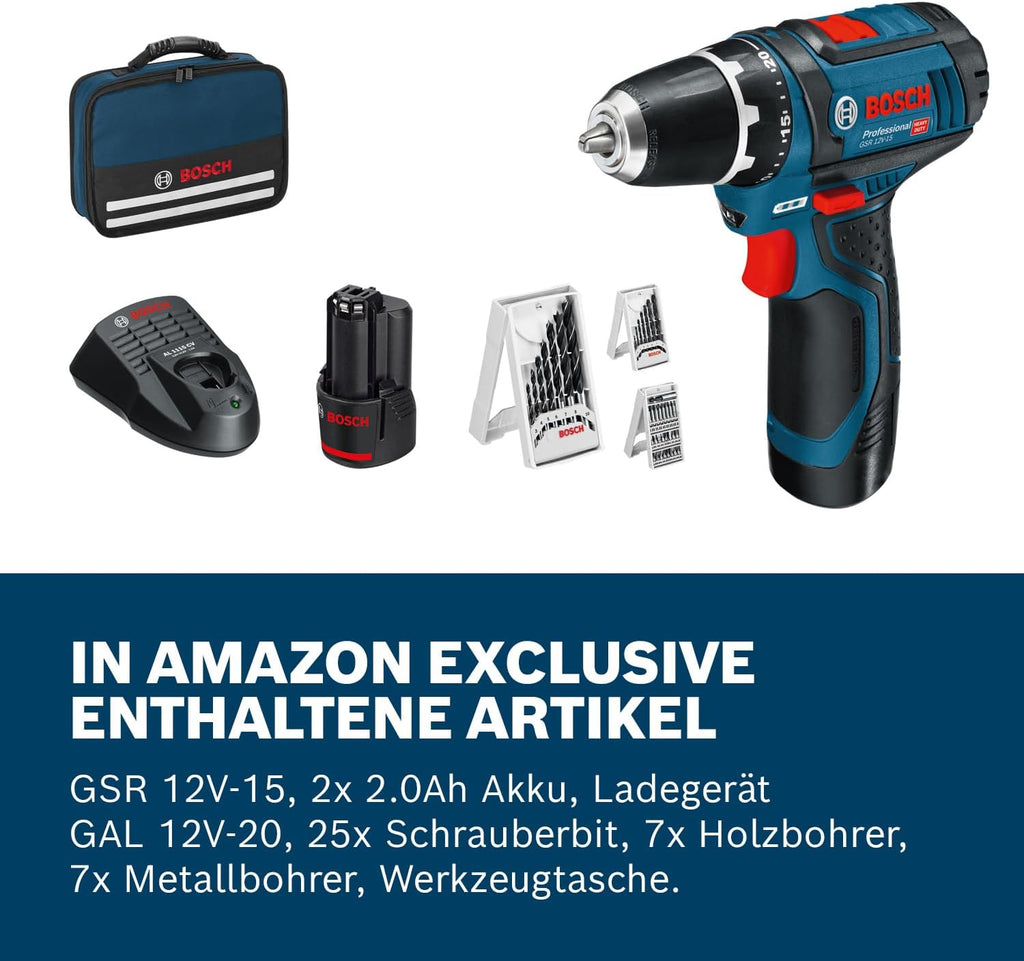 Taladro atornillador a batería Bosch Professional 12V System GSR 12V-15 (incluye 2 baterías de 2,0 Ah, cargador, set de 39 accesorios, bolsa de herramientas) - Exclusivo de Amazon