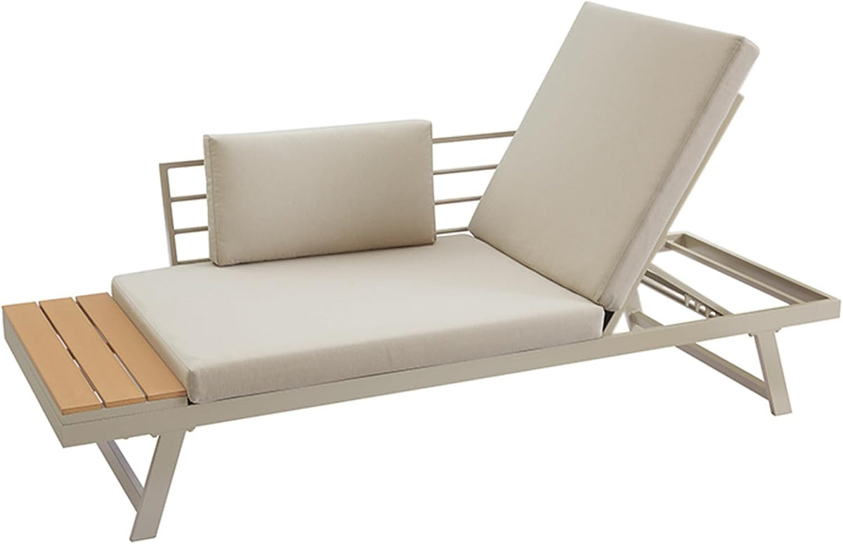 Riess Ambiente - Salón de jardín modular ajustable Miami - 230 cm - Champán greige - WPC aluminio - Sofá de jardín tumbona con estante
