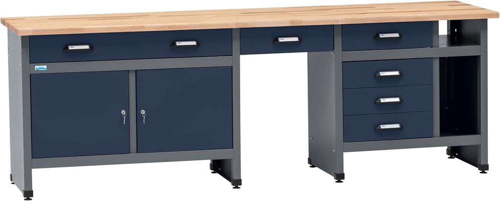 Banco de trabajo Küpper 12283, 240x84x60cm, 6 cajones, 2 puertas, 300 kg de capacidad de carga, tablero de trabajo de haya maciza de 30 mm (azul oscuro)