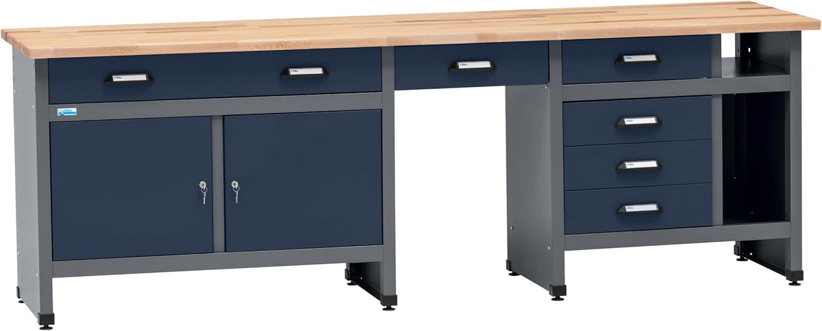 Banco de trabajo Küpper 12283, 240x84x60cm, 6 cajones, 2 puertas, 300 kg de capacidad de carga, tablero de trabajo de haya maciza de 30 mm (azul oscuro)