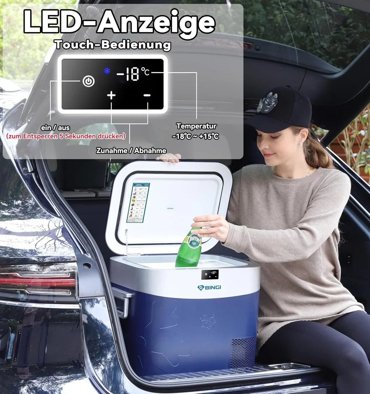 Nevera portátil con compresor HC-22P5 22L para coche con 12/24V CC, 230V CA y función de congelación