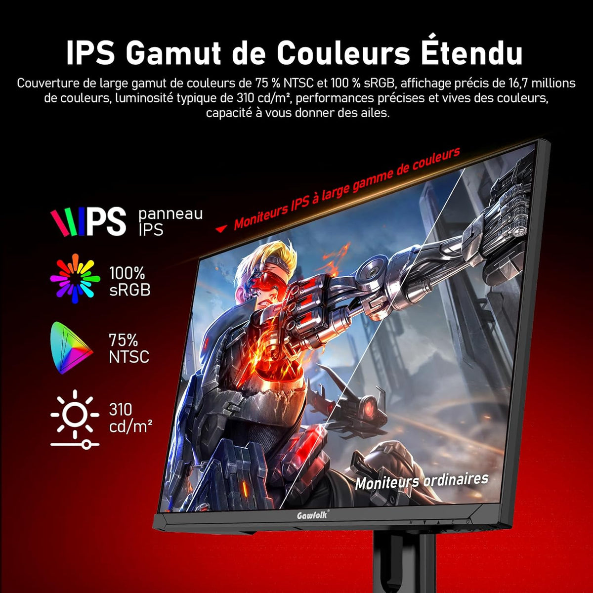 Monitor para PC Gawfolk IPS de 27 pulgadas, 2K WQHD (2560×1440P), monitor gaming de 180Hz, 1ms, sin bordes, 100% sRGB, gran angular de 178°, HDMI, DisplayPort, compatible con soportes de pared VESA 75x75mm - Negro