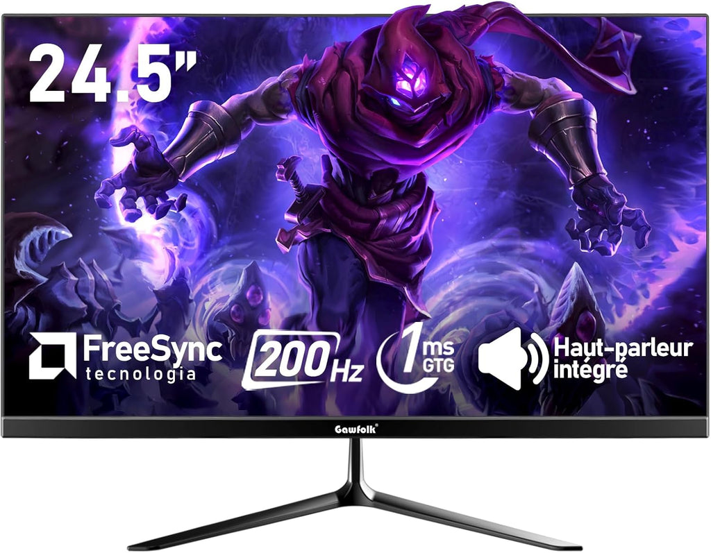 Monitor de PC Gawfolk de 24,5 pulgadas, monitor para juegos de 200 Hz, FHD 1080p, altavoces integrados, 1 ms, FreeSync, 99% sRGB, ángulo de visión de 178°, HDMI, DisplayPort, negro