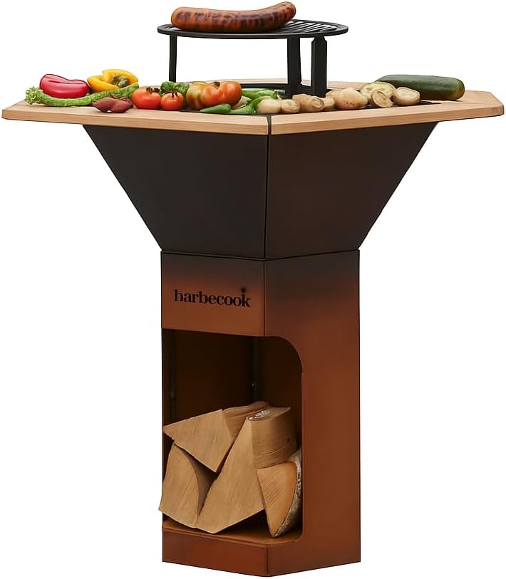 Barbacoa brasero Barbecook Nestor Original, barbacoa de leña para exteriores con plancha, mesas auxiliares y parrilla elevada de acero corten, 128x120x120cm