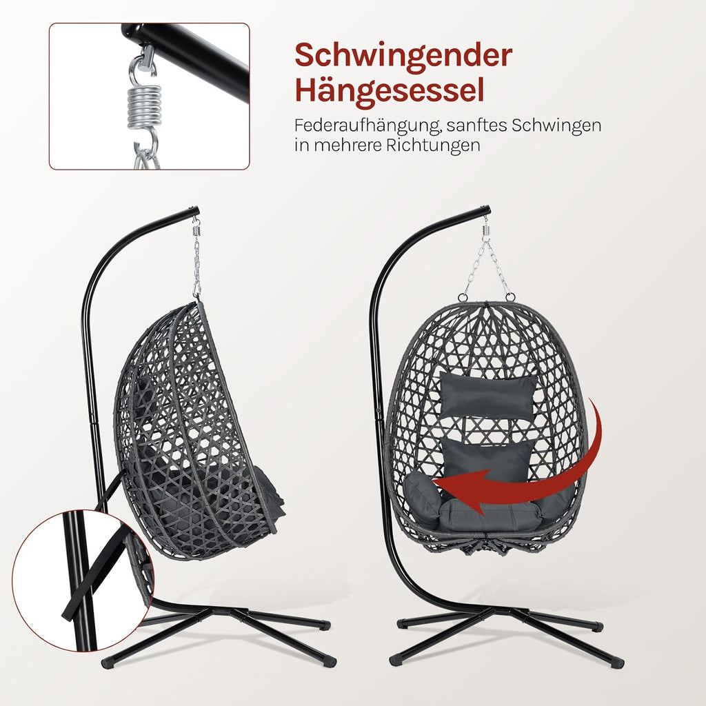 Silla colgante WOLTU con soporte, carga hasta 150 kg, silla colgante de ratán PE, con cojín de asiento y reposacabezas, para interior y exterior, gris