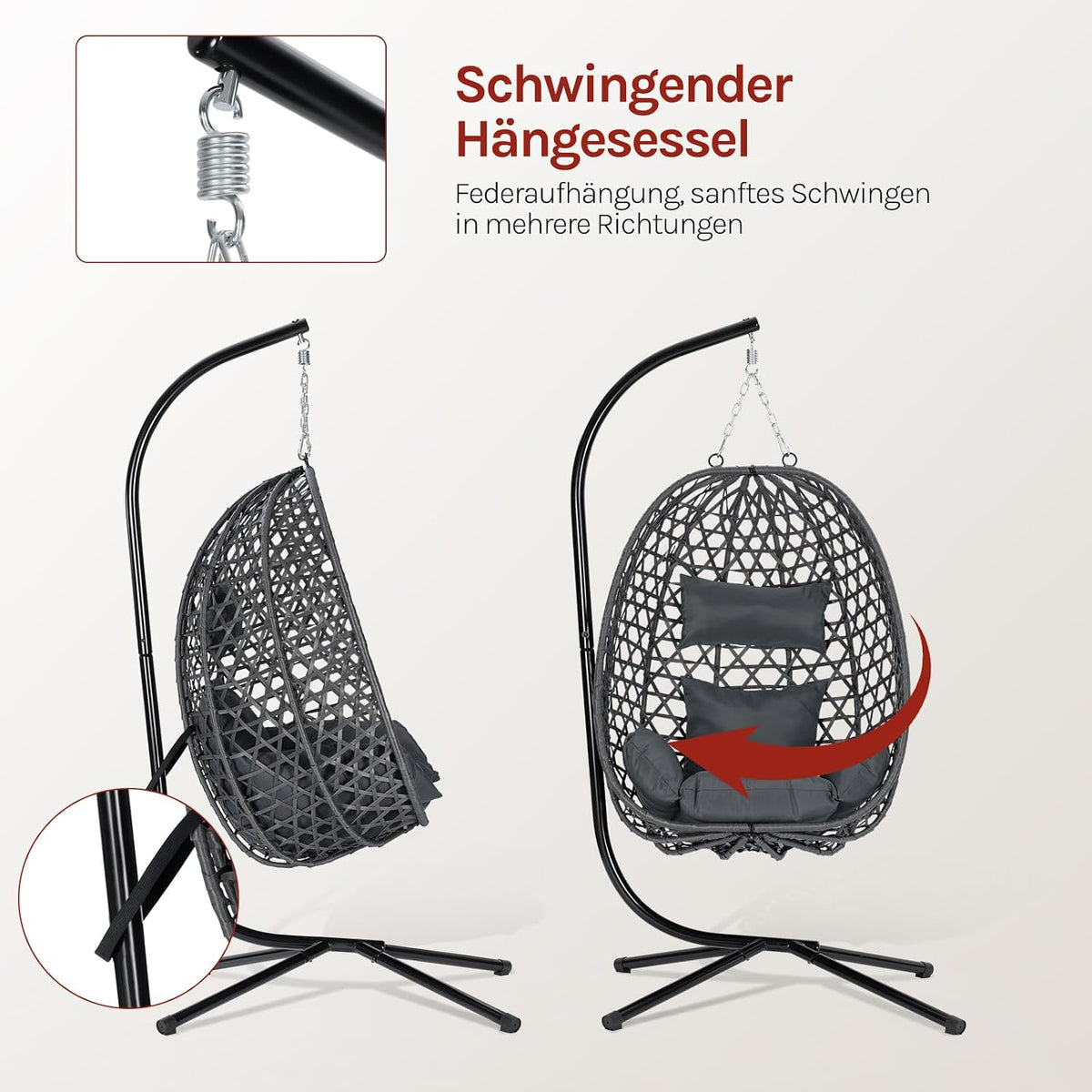 Silla colgante WOLTU con soporte, carga hasta 150 kg, silla colgante de ratán PE, con cojín de asiento y reposacabezas, para interior y exterior, gris