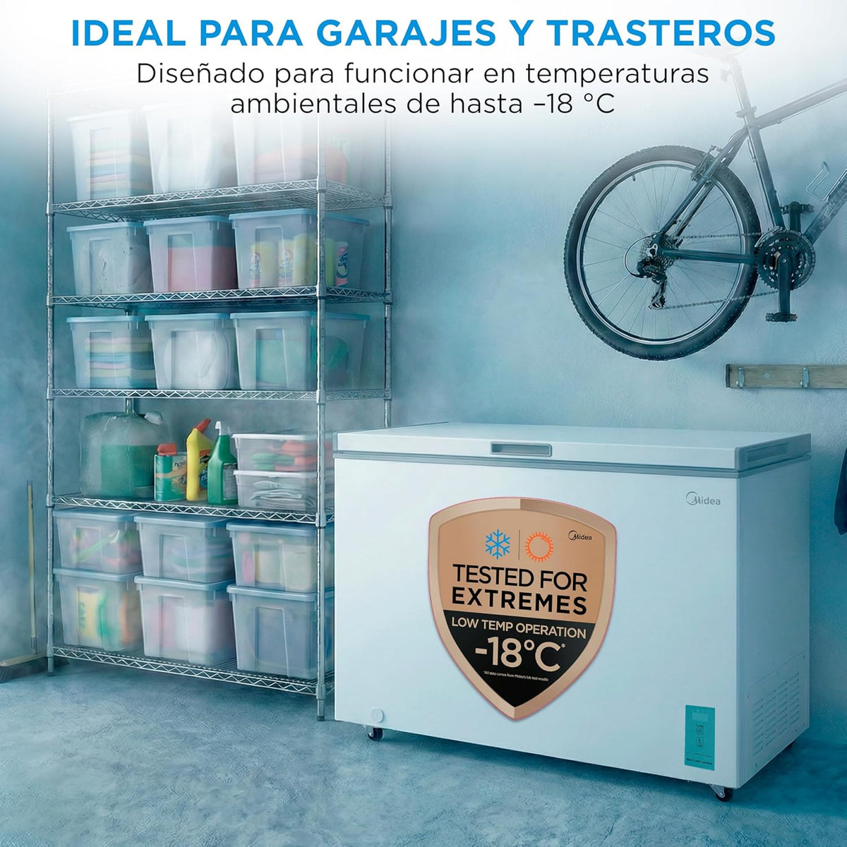 Congelador horizontal pequeño MIDEA de 418 L | Congelador arcón convertible a frigorífico con motor inverter, control electrónico de temperatura, cestas con asa | Arcón silencioso de 41 dB y bajo consumo