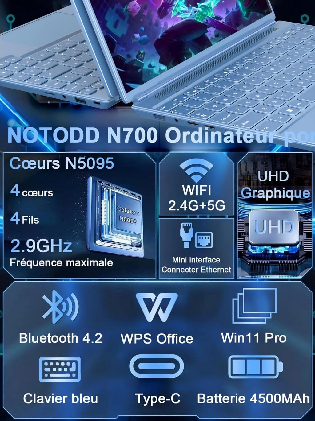 Ordenador portátil de 14'' Celeron N5095 (hasta 2,9 GHz) 8 GB RAM 256 GB SSD con soporte de expansión de 1 TB (TF 512 GB) 1920x1200 Quad Core PC portátil Win11 Laptop 5G WIFI Mini HDMI teclado AZERTY cubierta - Azul