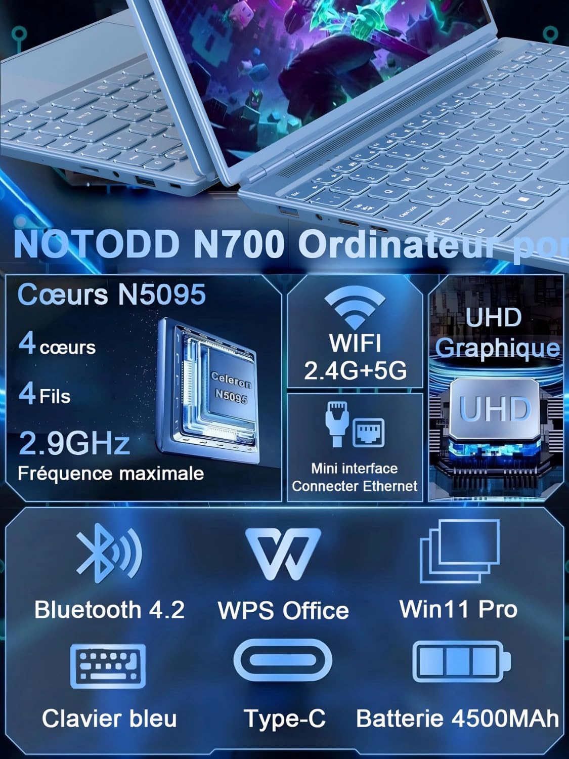 Ordenador portátil de 14'' Celeron N5095 (hasta 2,9 GHz) 8 GB RAM 256 GB SSD con soporte de expansión de 1 TB (TF 512 GB) 1920x1200 Quad Core PC portátil Win11 Laptop 5G WIFI Mini HDMI teclado AZERTY cubierta - Azul