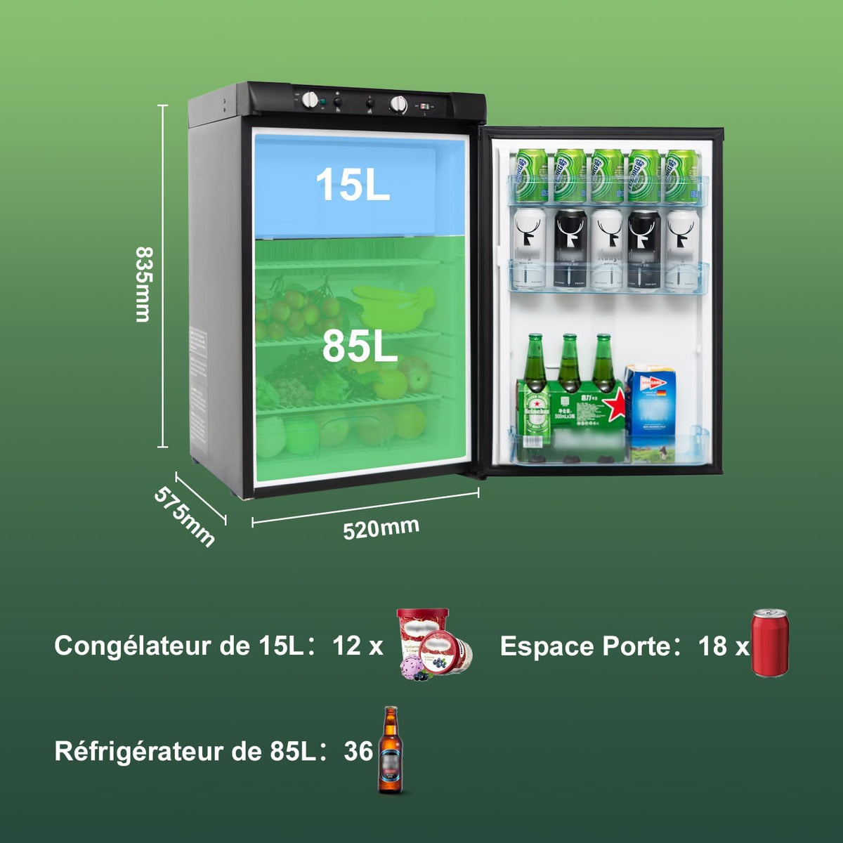 Refrigerador a gas SMETA con congelador, refrigerador de camping a gas, combinación de refrigerador y congelador de 100 L, refrigerador silencioso, 12 V 230 V gas propano para casa de vacaciones, caravana, autocaravana, garaje, negro