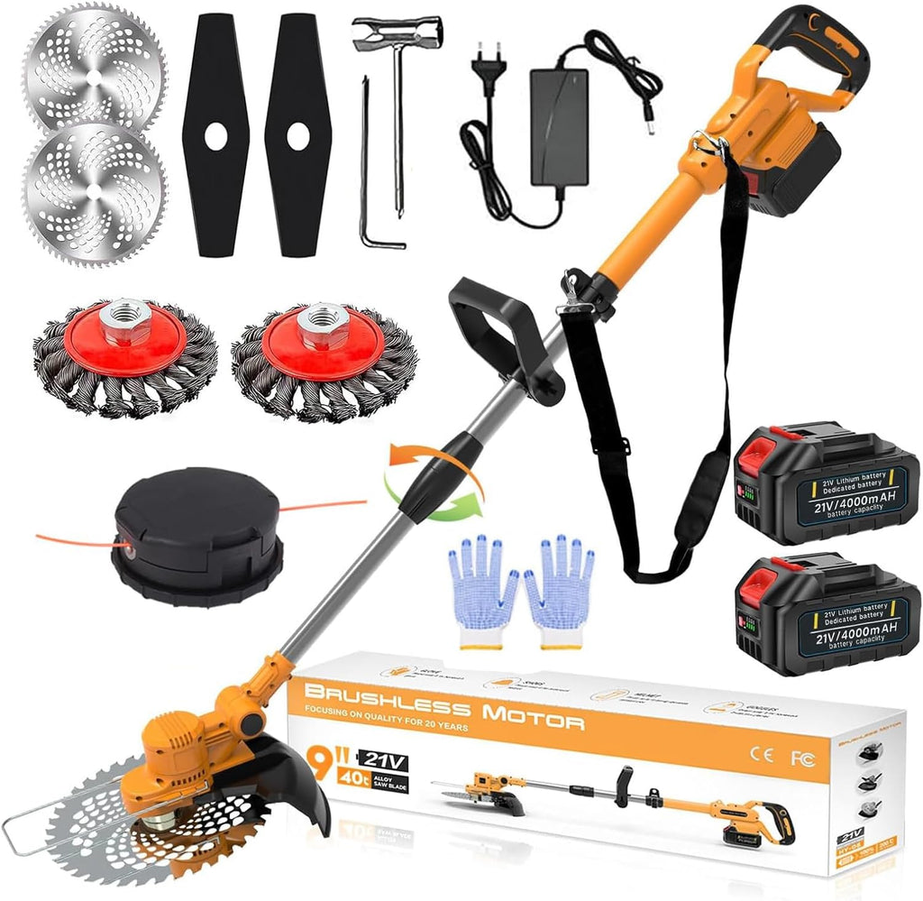 Cortacésped inalámbrico con batería y cepillo para malas hierbas 4 en 1, desbrozadora con cepillo para malas hierbas, desbrozadora sin escobillas de 21 V, cortacésped eléctrico con 2 baterías de 4.0 Ah, cargador, telescópico, ajustable, naranja