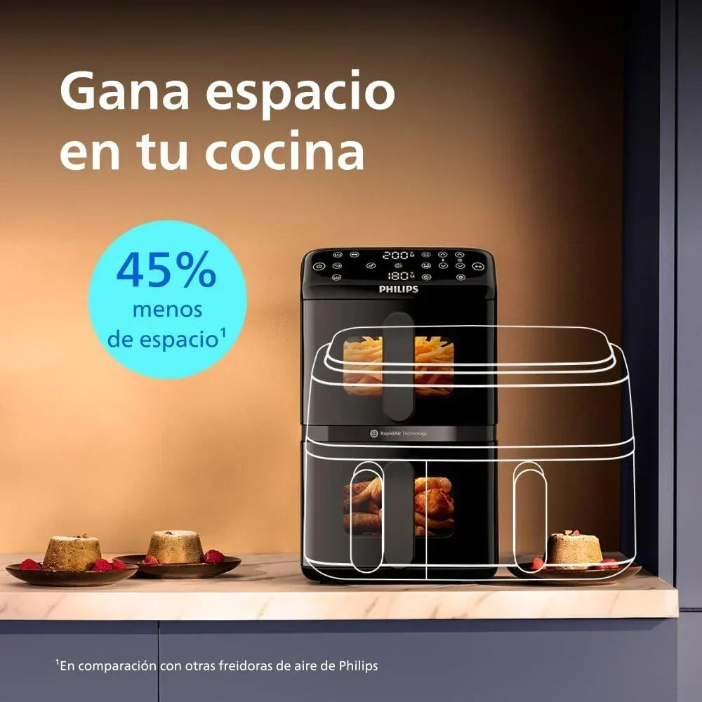 Philips Airfryer Serie 4000 de Doble Cesta Vertical 10L – Tecnología RapidAir, Sync, 2 cestas a la vez, 45% menos de espacio, revestimiento cerámico sin PFAS, ventanas de visualización (NA460/00)