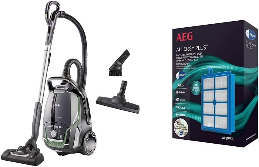 Aspiradora AEG VX9-2-ÖKO / 12 m / 850 vatios / solo 65 dB(A) / 5 l / negro / verde y filtro AFS1W Allergy Plus (ideal para alérgicos, eficacia de filtrado superior al 99%, aire limpio, lavable) azul/blanco