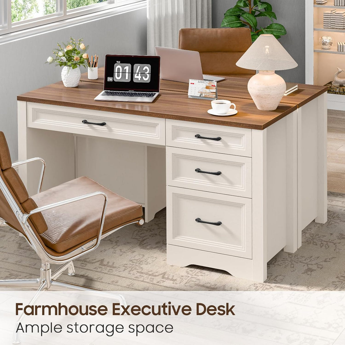 Escritorio BonVache con cajones de 120 cm, escritorio para computadora estilo granja con espacio de almacenamiento, mesa de oficina rústica de madera para oficina en casa, dormitorio y estudio, blanco