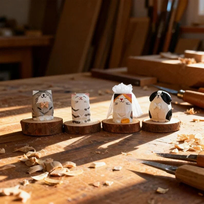 Adornos de madera tallados a mano de gatos y perros, decoración rústica para el hogar estilo bohemio de granja para escritorio