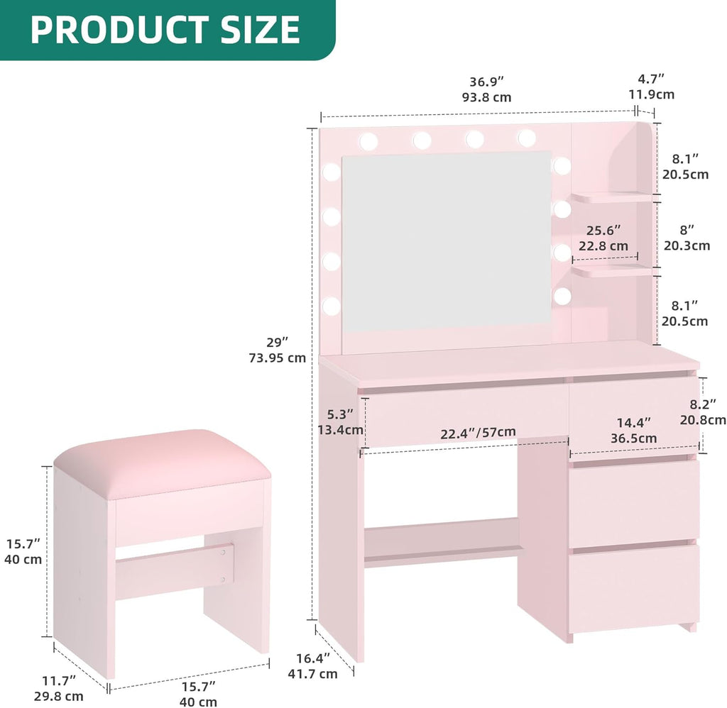 Tocador YITAHOME con iluminación, mesa de maquillaje con espejo y taburete, 3 colores con brillo ajustable, tocador con 4 cajones y compartimentos abiertos, mesa de tocador rosa