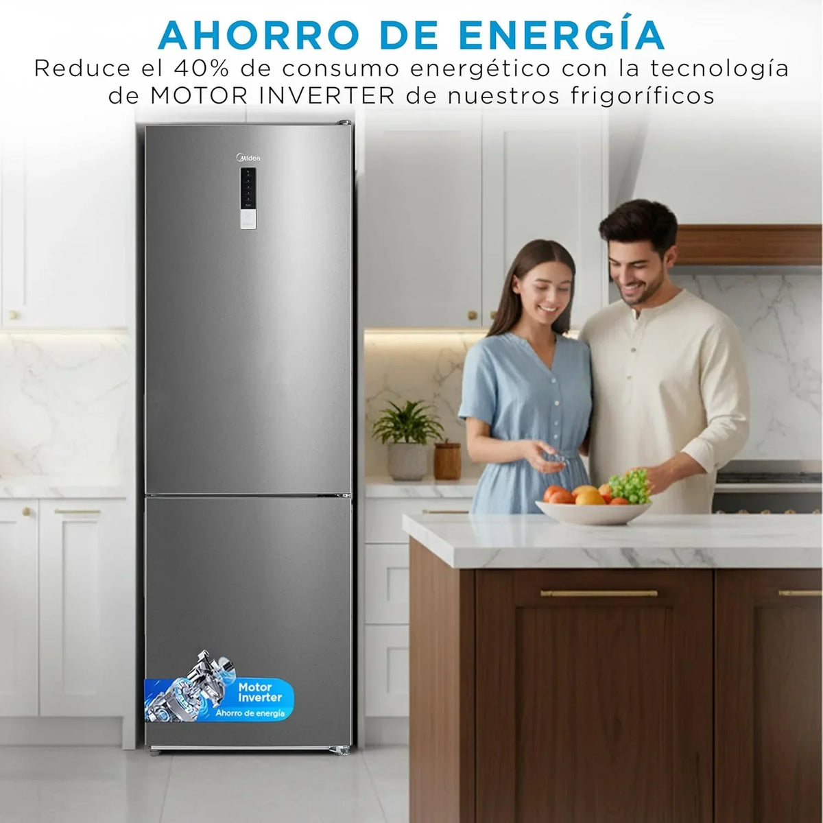 Frigorífico Combi No Frost Midea | 60 cm de ancho x 188 cm de alto | Inox | Nevera de libre instalación, 224 L + 86 L de congelador - Refrigerador de bajo consumo con congelador vertical