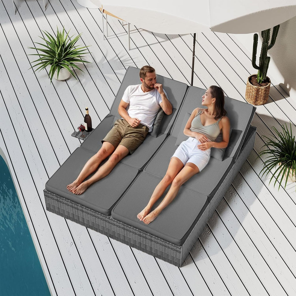 Tumbona doble Amopatio para 2 personas con mesa plegable, resistente a la intemperie, capacidad de carga de 200 kg, 200x160x30 cm, tumbona de jardín XXL de ratán, chaise longue ajustable para jardín, balcón y terraza, gris