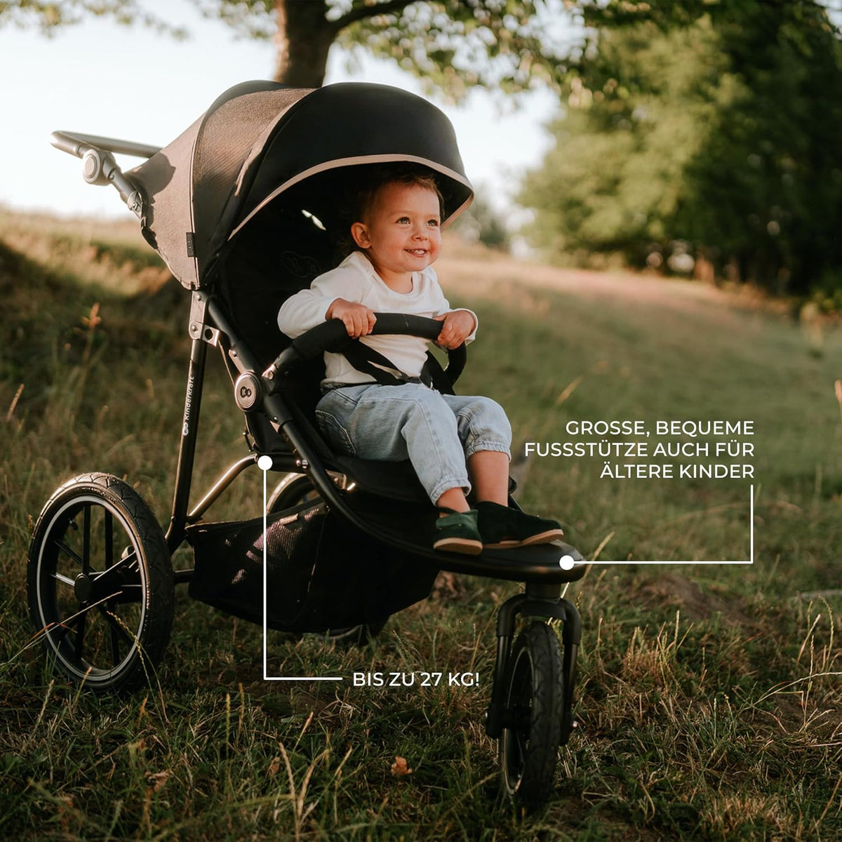 Kinderkraft HELSI 2 Silla de paseo hasta 27 kg, cochecito desde el nacimiento, silla de paseo para correr con grandes ruedas neumáticas, función de reclinado, asa parental ajustable, plegable, cesta debajo del asiento, negro