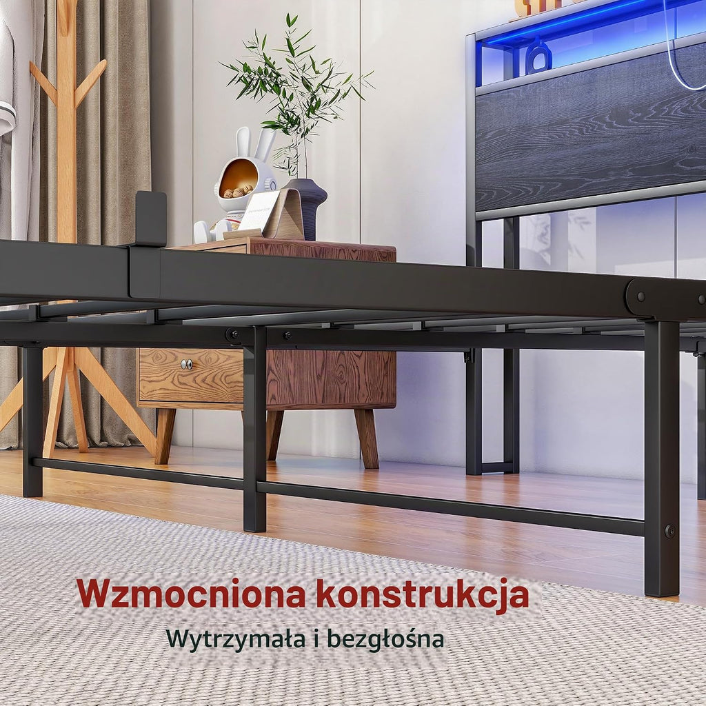 HOJINLINERO 140 x 200 cm, z przechowywaniem, stelażem, ładowaniem USB i LED, nowoczesne