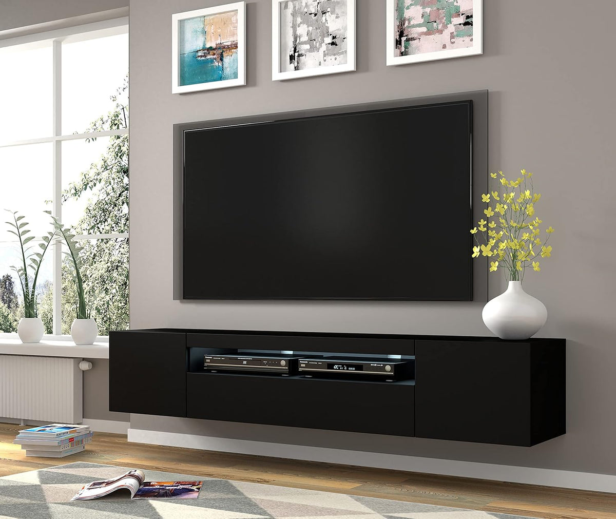 Mueble de TV BIM 200 cm - Aparador universal con frentes laminados, suspendido o de pie - Mueble para televisión, mueble HiFi para salón, negro mate