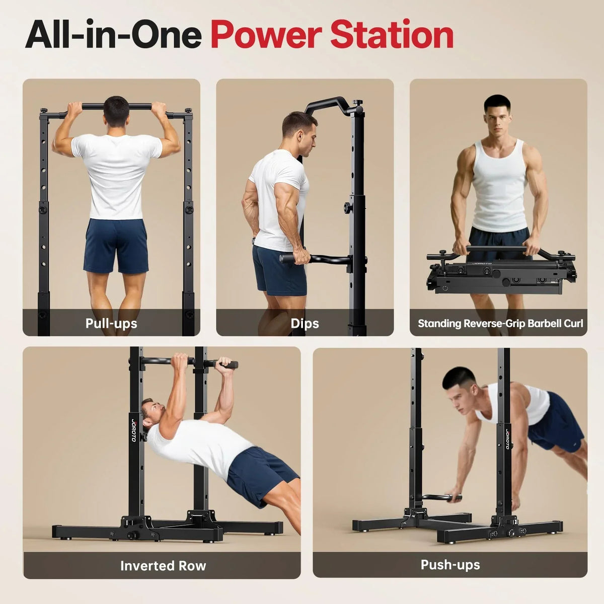 Torre de musculación JU30 5 en 1, estación de dominadas y fondos, ajustable en altura, plegable, capacidad de carga de 204 kg, 112 × 105 × 210 cm