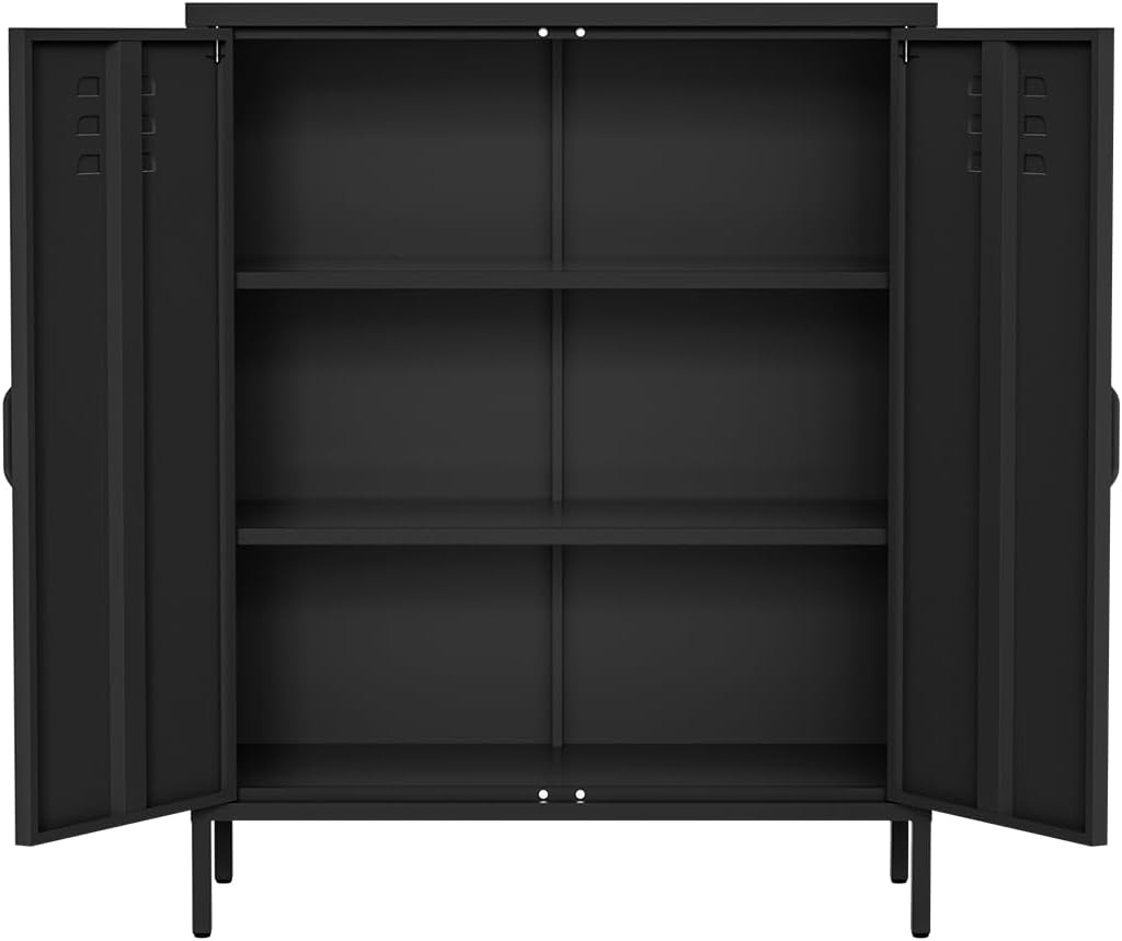 Cómoda de metal Atria de skølm – Aparador en negro – Armario metálico con 3 compartimentos y puertas dobles – Armario multiusos con estantes flexibles – Highboard estilo industrial – Armario de almacenaje/mueble recibidor