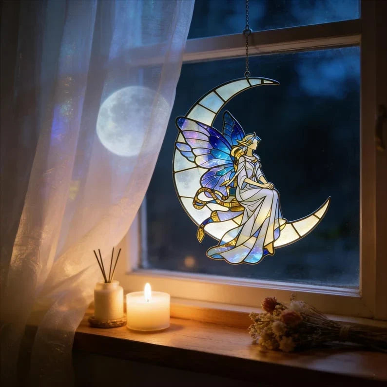 Atrapasueños de vidrieras de hada de la luna, decoración celestial para cuarto de niños