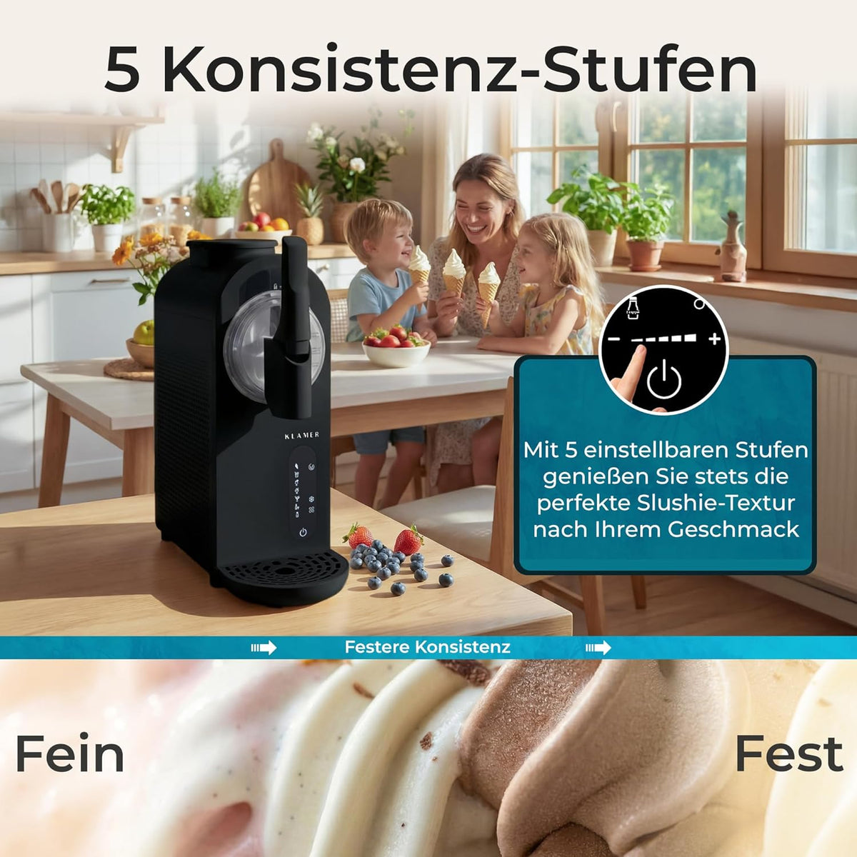 Máquina de helados, granizadora y máquina de sorbete KLAMER con 7 programas: helado suave, granizado, frappé y más, capacidad de 1,5 L, limpieza automática, no requiere hielo, incluye recetario digital